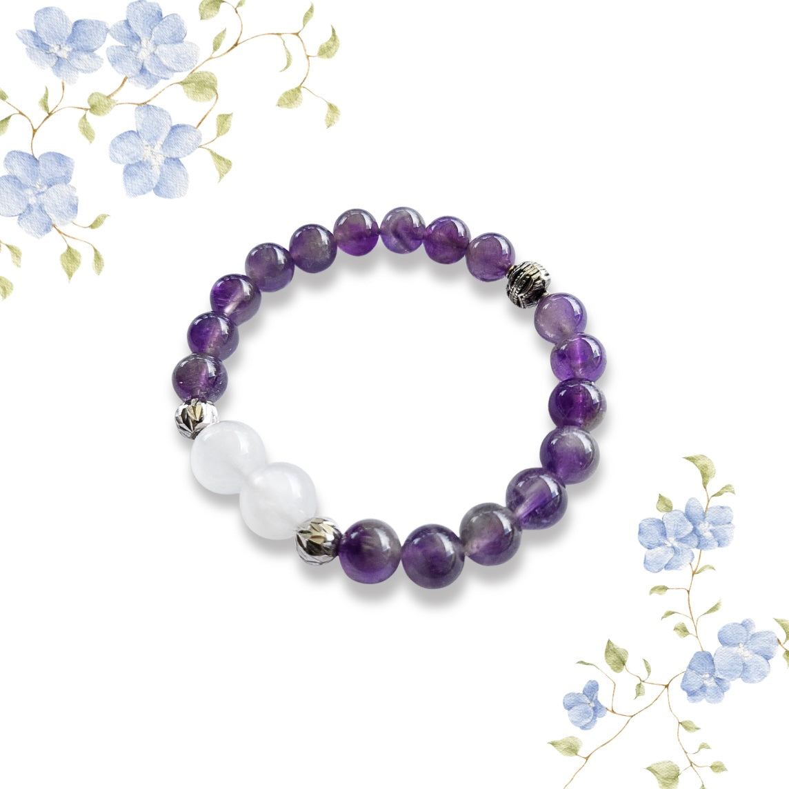 Amethyst and Moonstone Bracelet with Decorative Silver Charm, Semiprecious Stone Jewelry