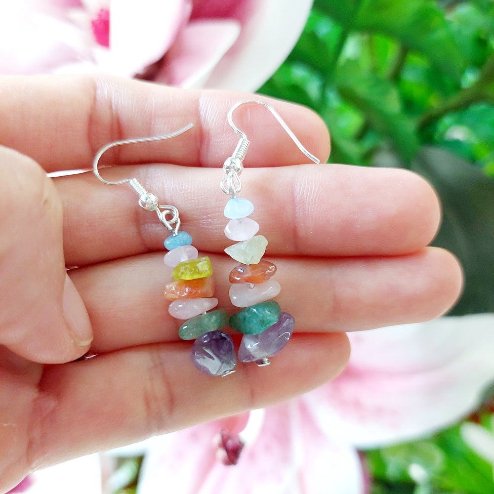 Mixed Color of Carnelian, Citrine, Aventurine, Amethyst, Aquamarine and Rose Quartz - Semi Precious Stone with S925 Silver Ear Hooks Drop Earrings Handmade