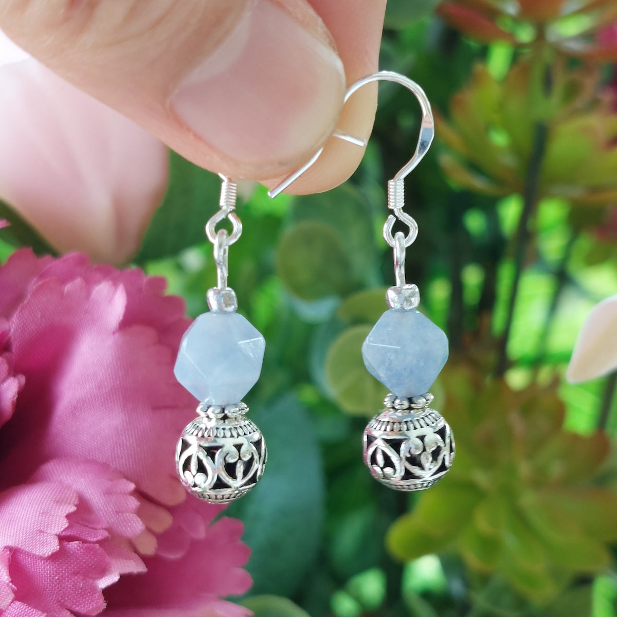 Blue-Purple Tourmaline Faceted Semi Precious Stone with Silver Charm Drop Earrings Handmade