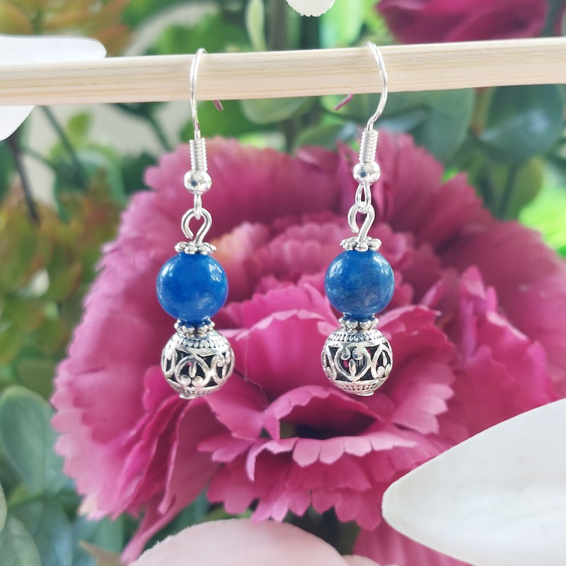 Kyanite Semi Precious Stone with Silver Charm, 925 Sterling Silver Ear Hooks Drop Earrings Handmade