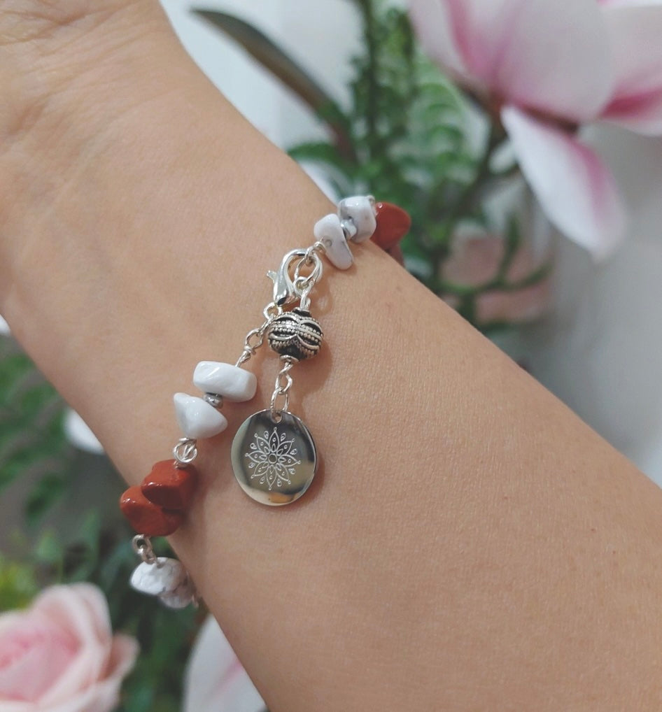 Red Jasper and Howlite Stone Wire Bracelet with Decorative Silver Charm and Lobster Clasp, Semiprecious Stone Jewelry