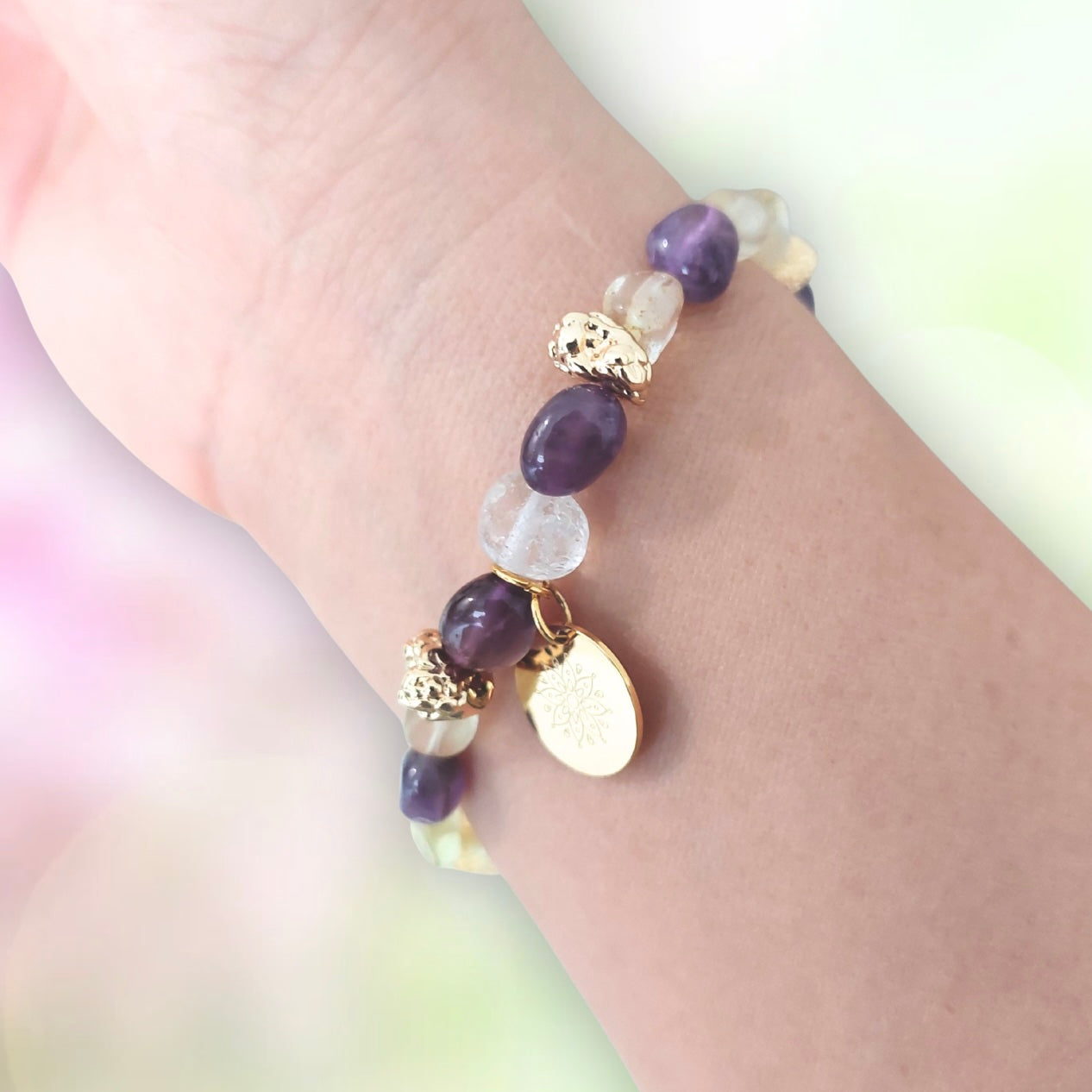 Amethyst and Citrine Bracelet with Decorative 18K Gold Rhodium Plated Charm, Semiprecious Stone Jewelry