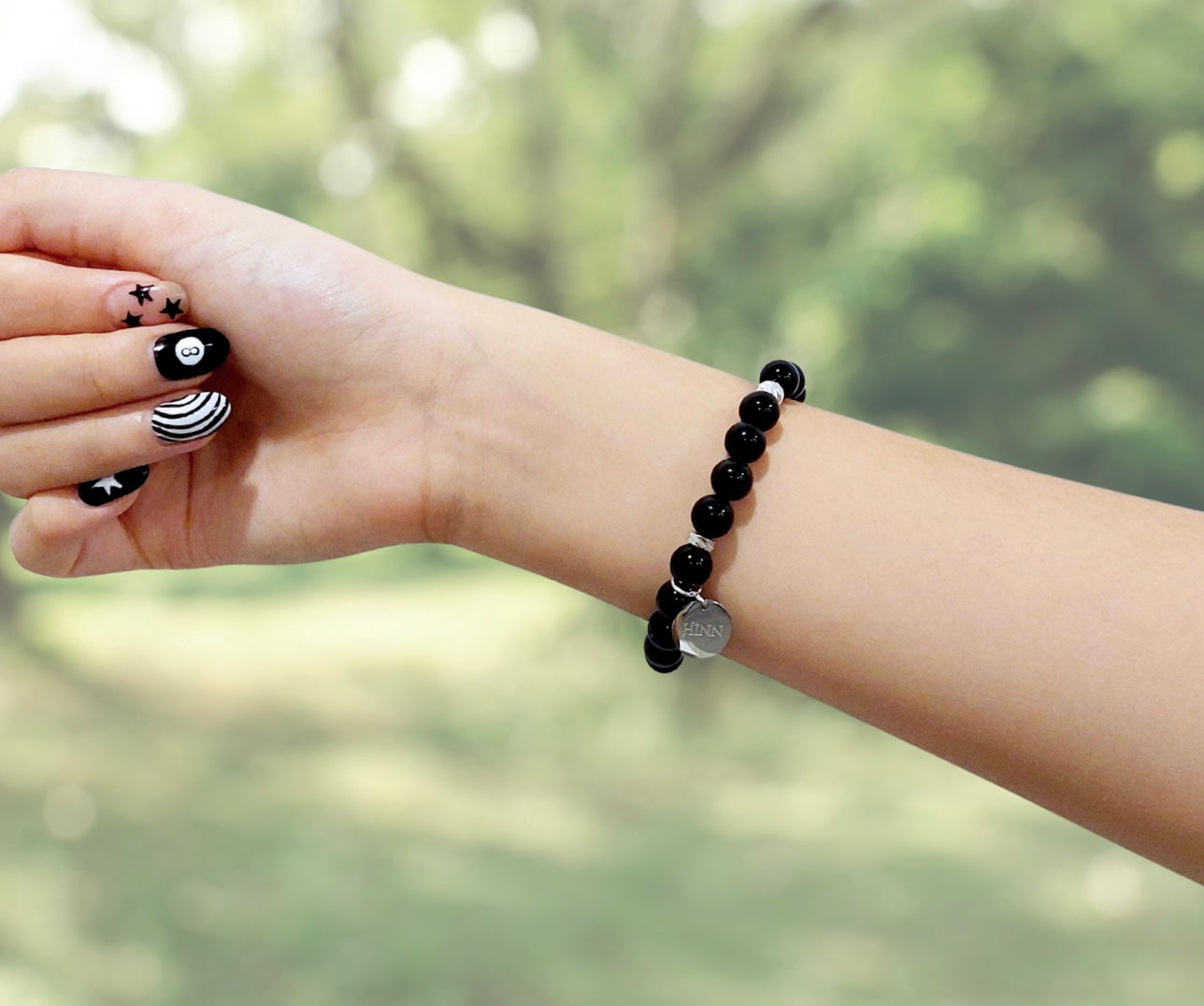 Obsidian Bracelet with S925 Silver Charm, Semiprecious Stone Jewelry