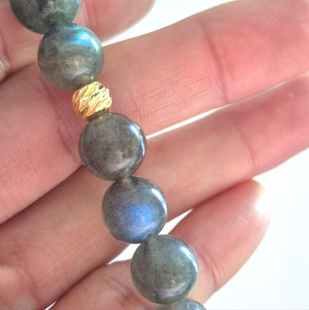 Labradorite Bracelet with Decorative 18K Gold Charms, Semiprecious Stone Jewelry
