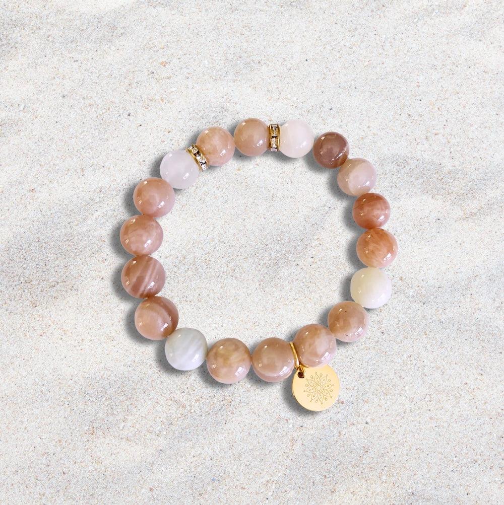 Moonstone Bracelet with Decorative Gold Plated Charms, Semiprecious Stone Jewelry