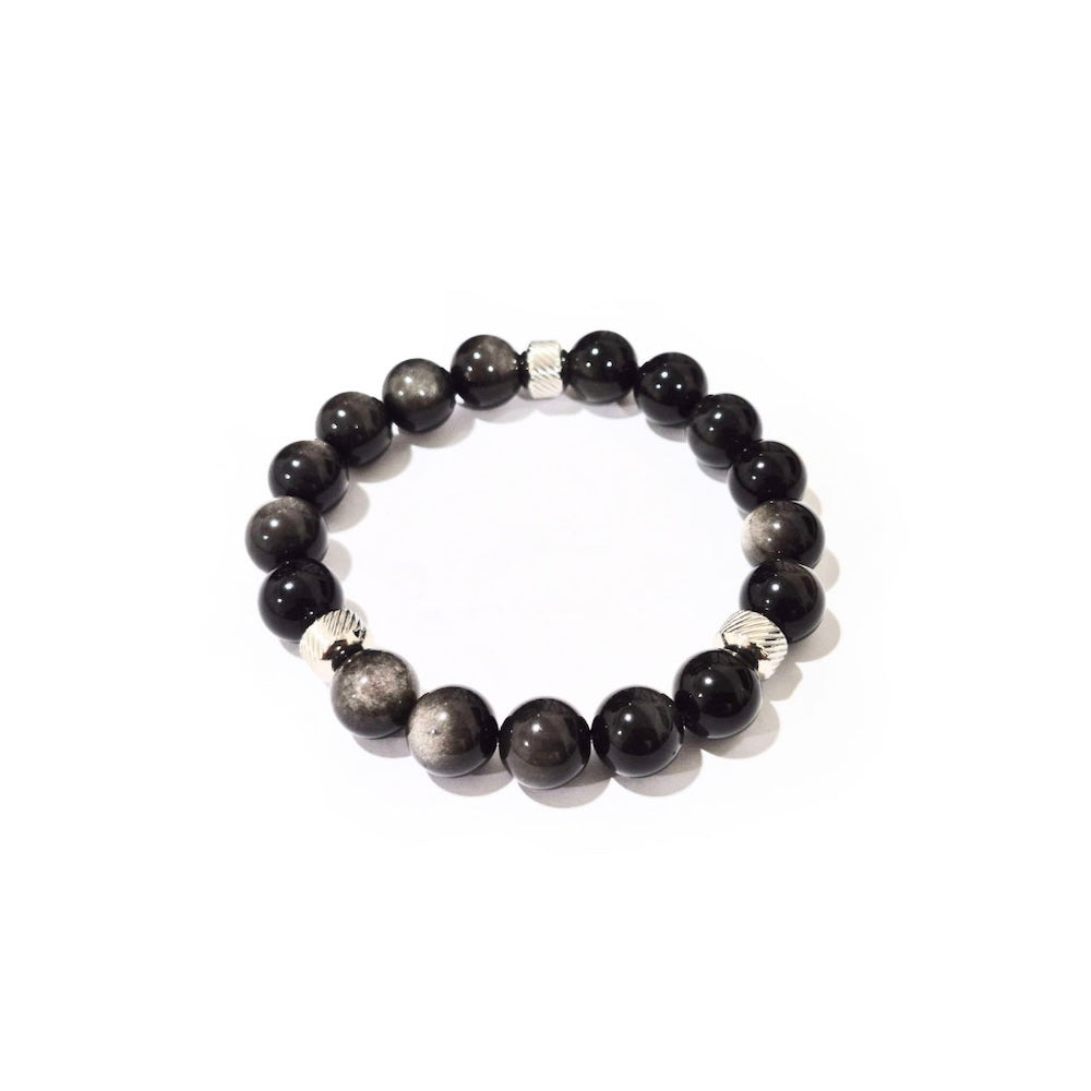 Silver Obsidian Bracelet with Decorative Stainless Steel Charms, Semiprecious Stone Jewelry