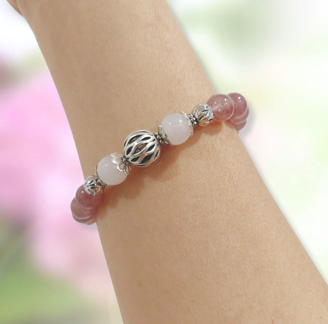 Strawberry and Rose Quartz Bracelet with Decorative Silver Charm, Semiprecious Stone Jewelry