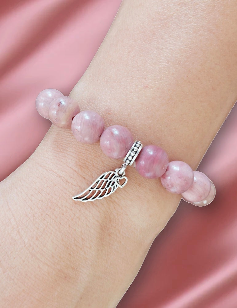 Rhodonite Bracelet with Decorative Silver Wing Charm Jewelry