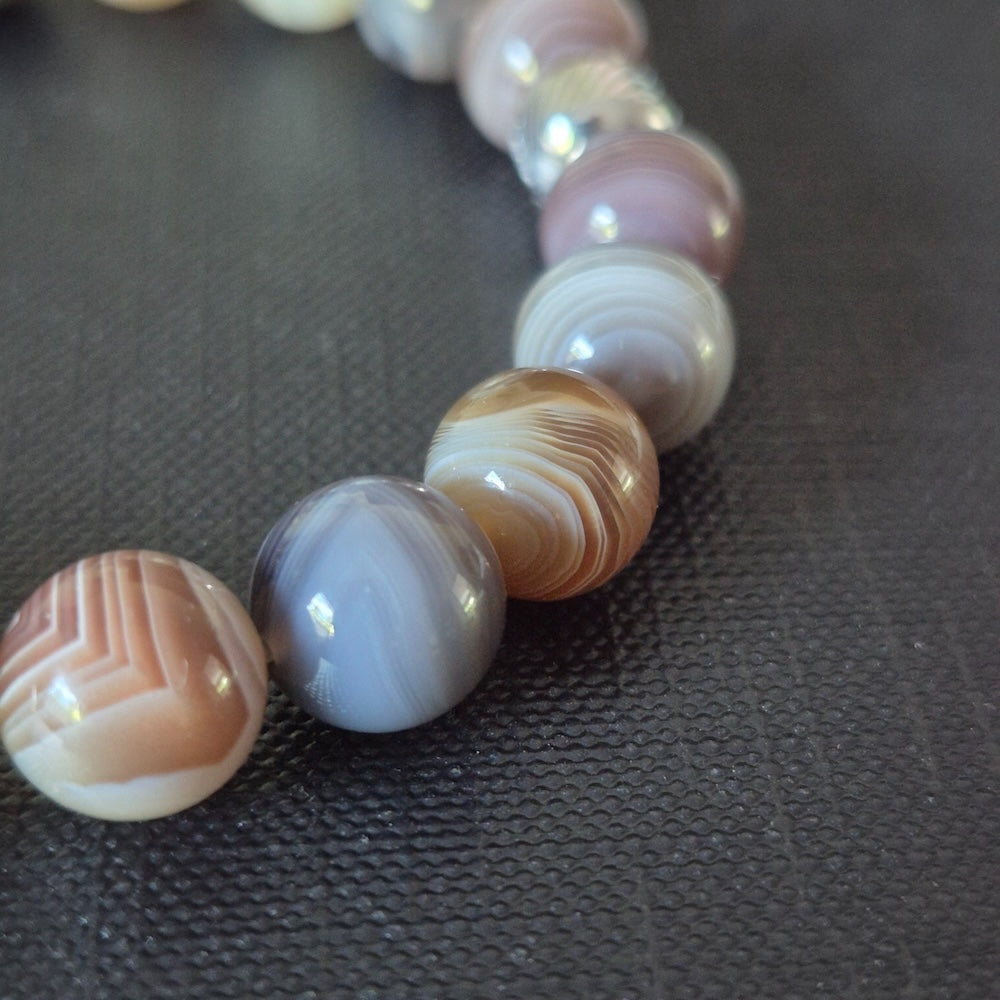 Botswana Agate Bracelet with Decorative Steel Silver Charm, Natural Stone Bracelet