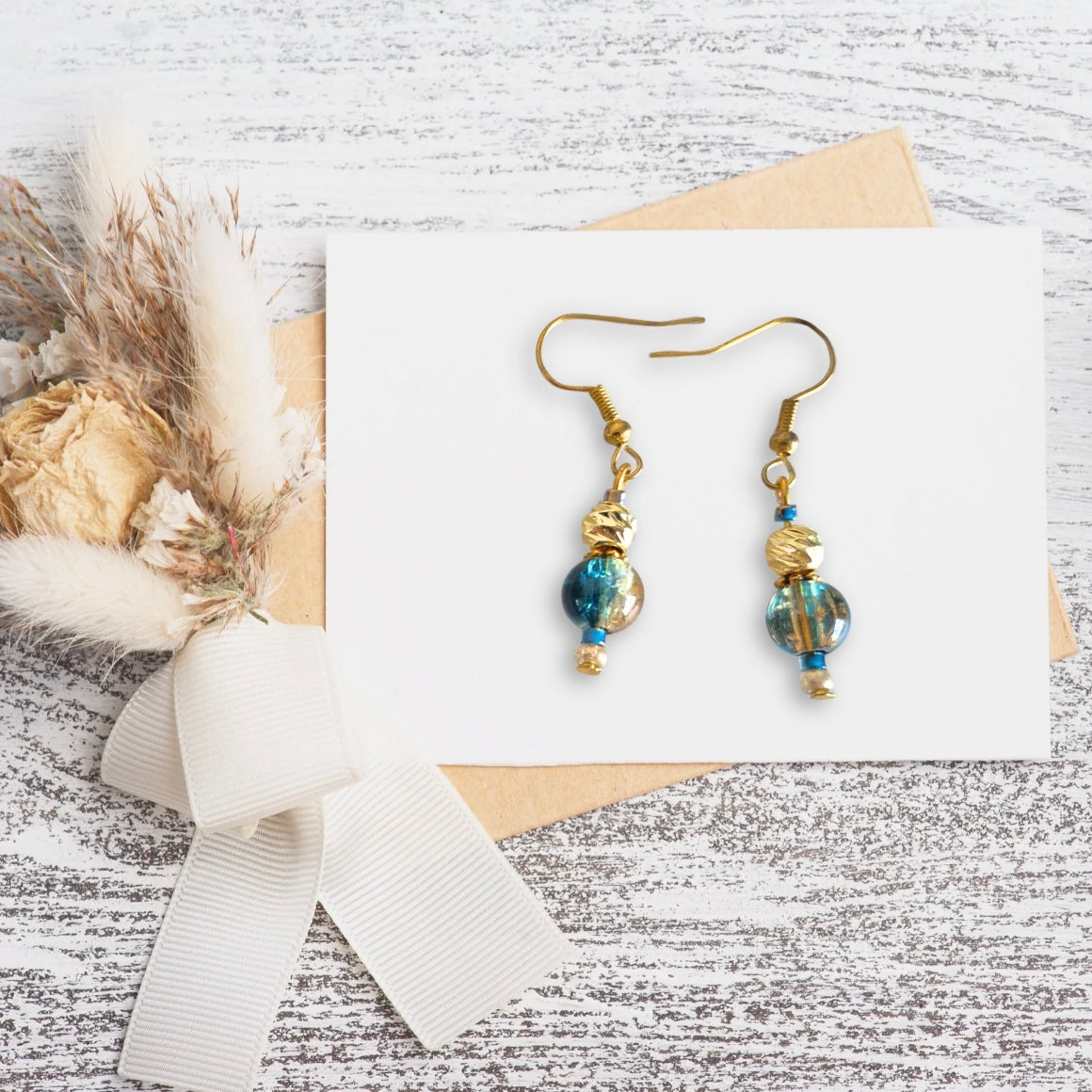 Blue Crystal Glass Beads with Silver/18K Gold Beads, Handmade Drop Earrings