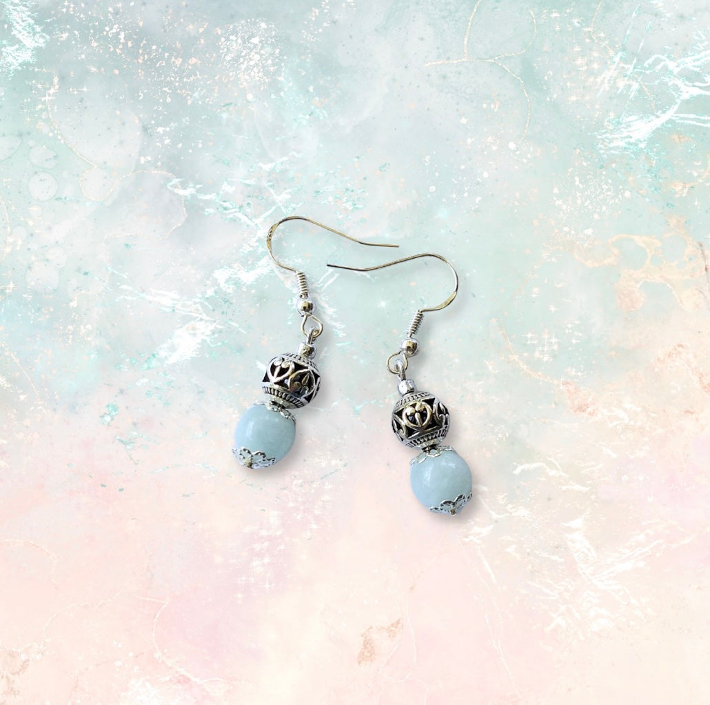 Aquamarine Semi Precious Stone with Silver Charm Earrings, 925 Sterling Silver Ear Hooks Drop Earrings Handmade