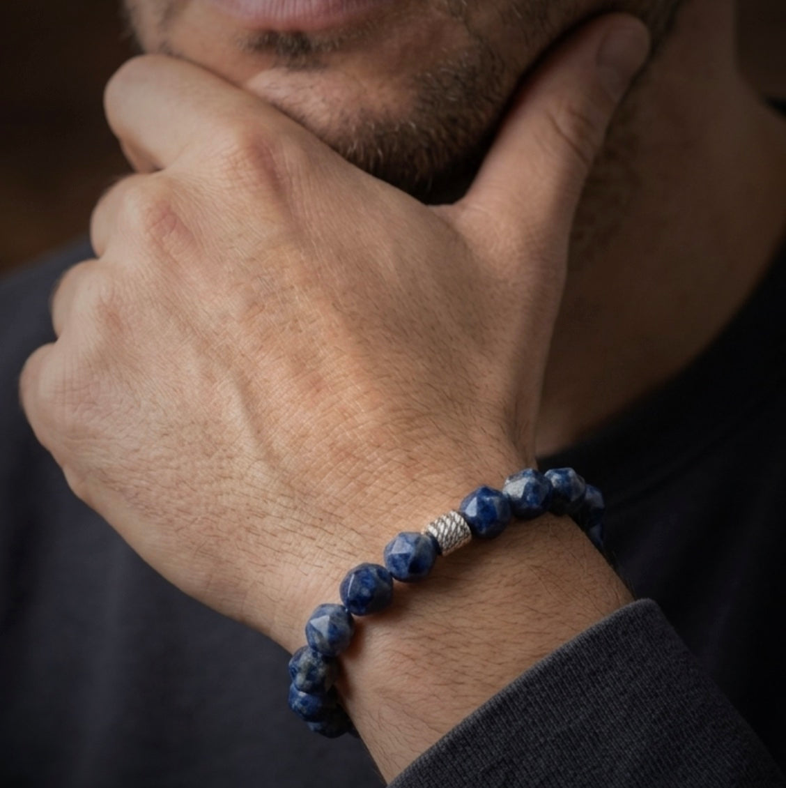 Sodalite Bracelet with Decorative Silver Charms, Semiprecious Stone Jewelry