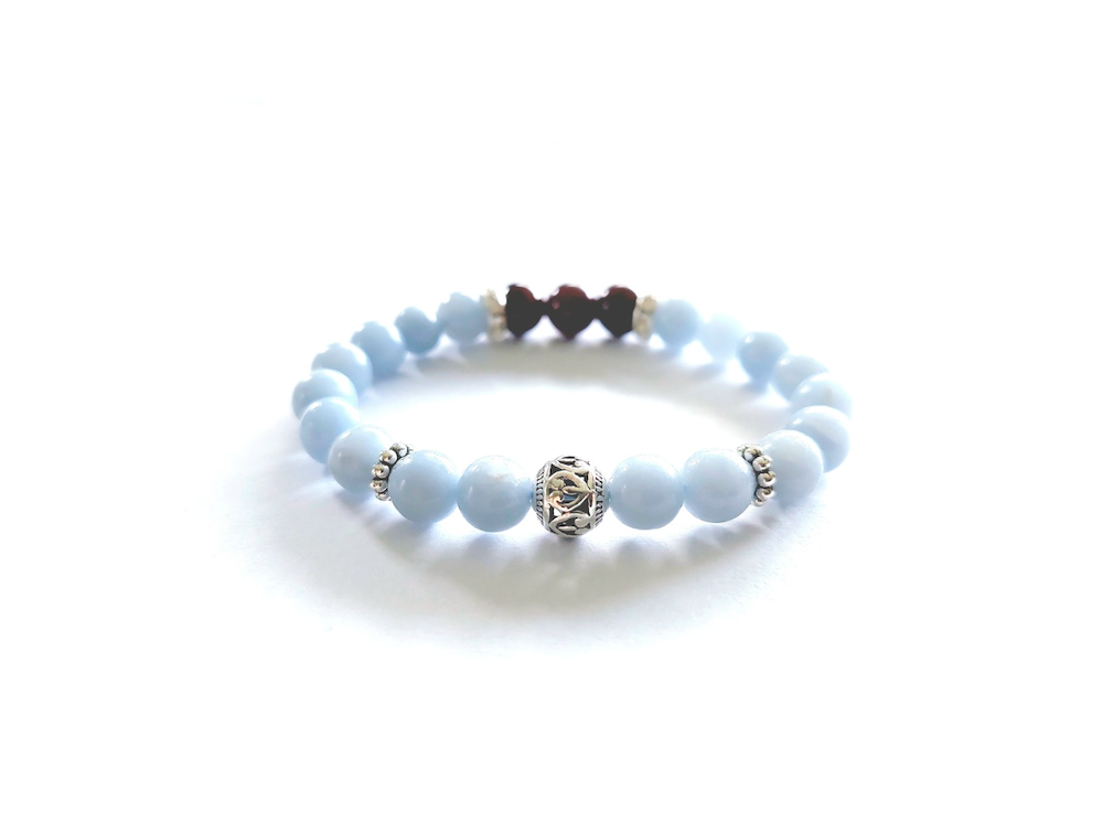 Angelite and Garnet Bracelet with Decorative Silver Charm, Semiprecious Stone Jewelry