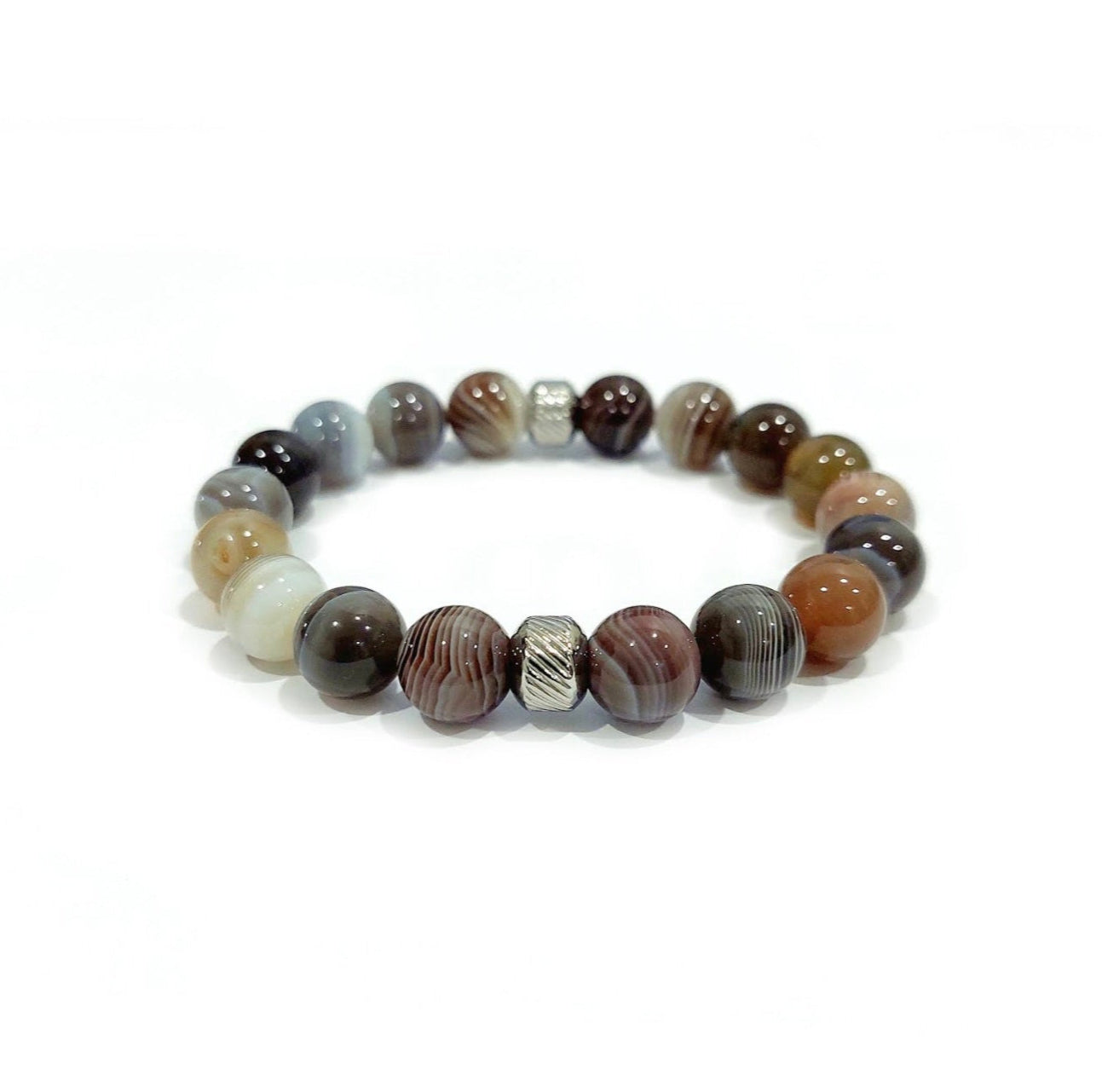 Botswana Agate Bracelet with Decorative Steel Silver Charm, Natural Stone Bracelet