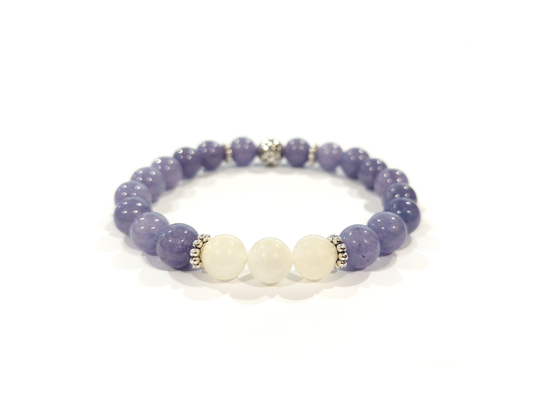 Purple Chalcedony Bracelet with Moonstone and Decorative Silver Charm, Semiprecious Stone Jewelry