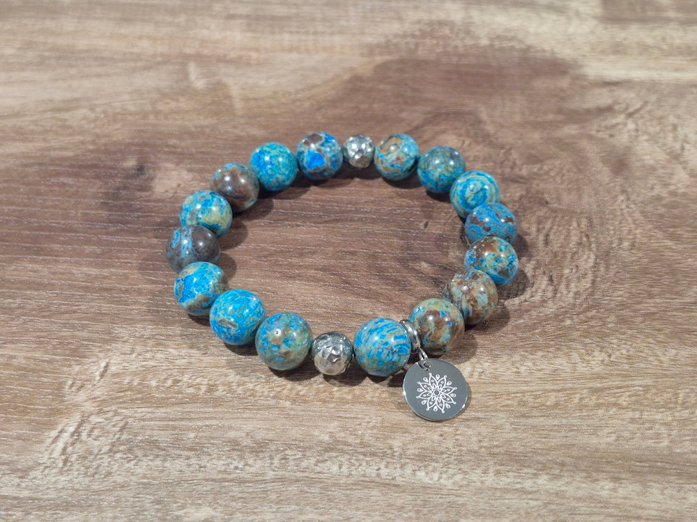 Chrysocolla Bracelet with Decorative Silver Charms, Semiprecious Stone Jewelry