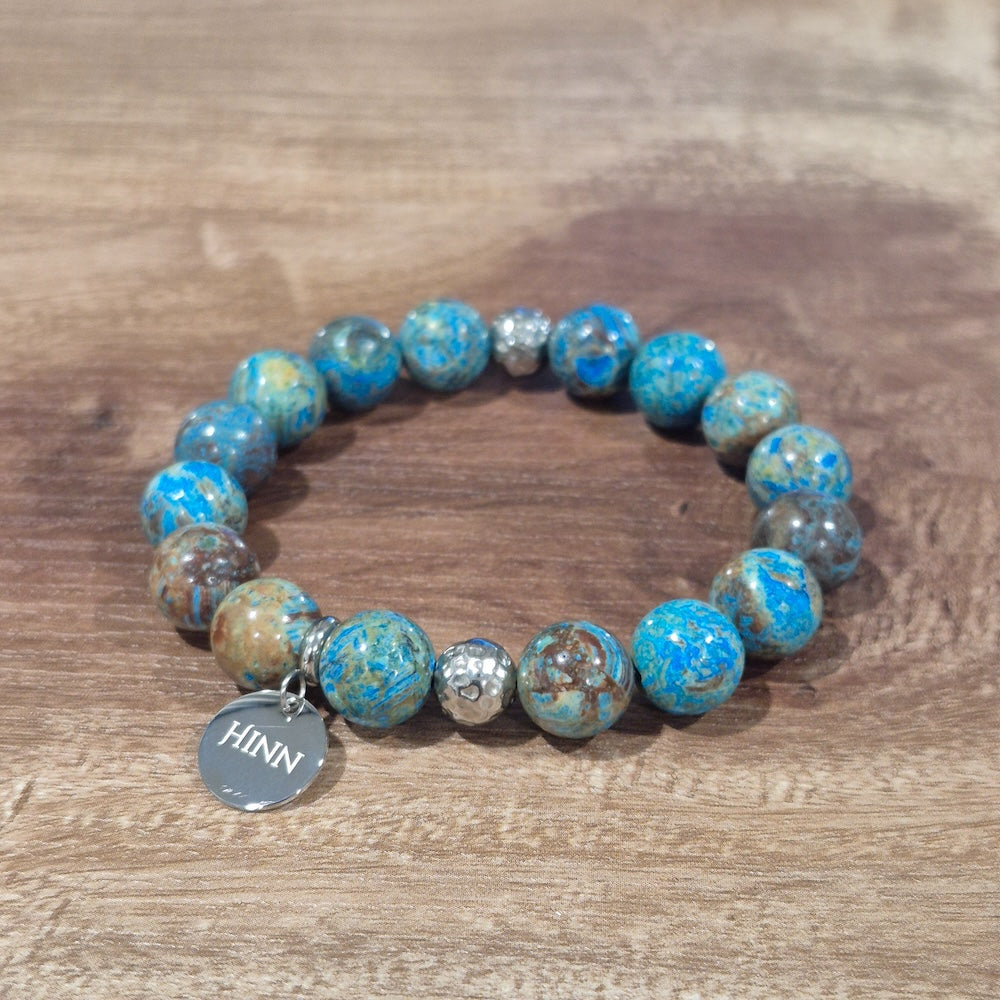 Chrysocolla Bracelet with Decorative Silver Charms, Semiprecious Stone Jewelry