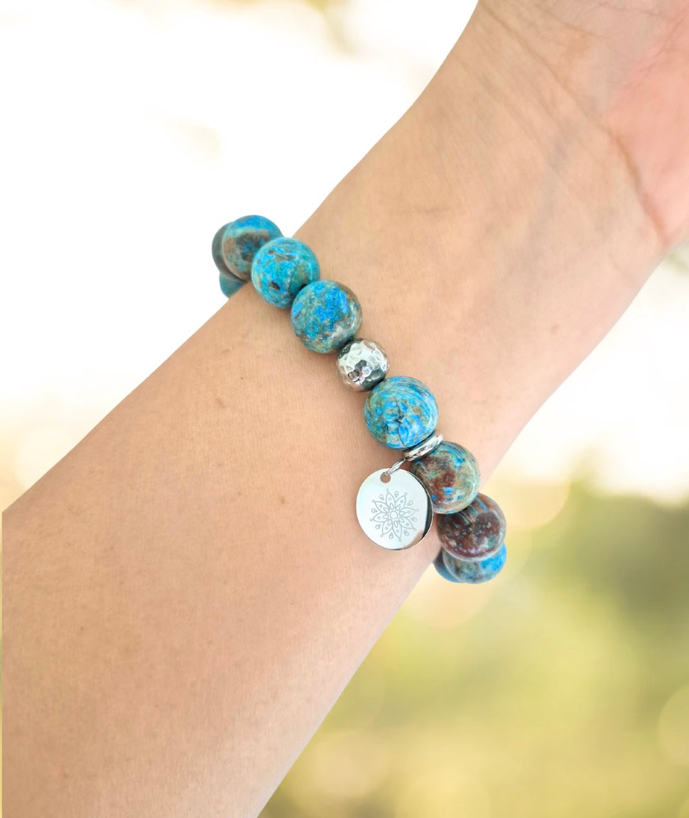 Chrysocolla Bracelet with Decorative Silver Charms, Semiprecious Stone Jewelry