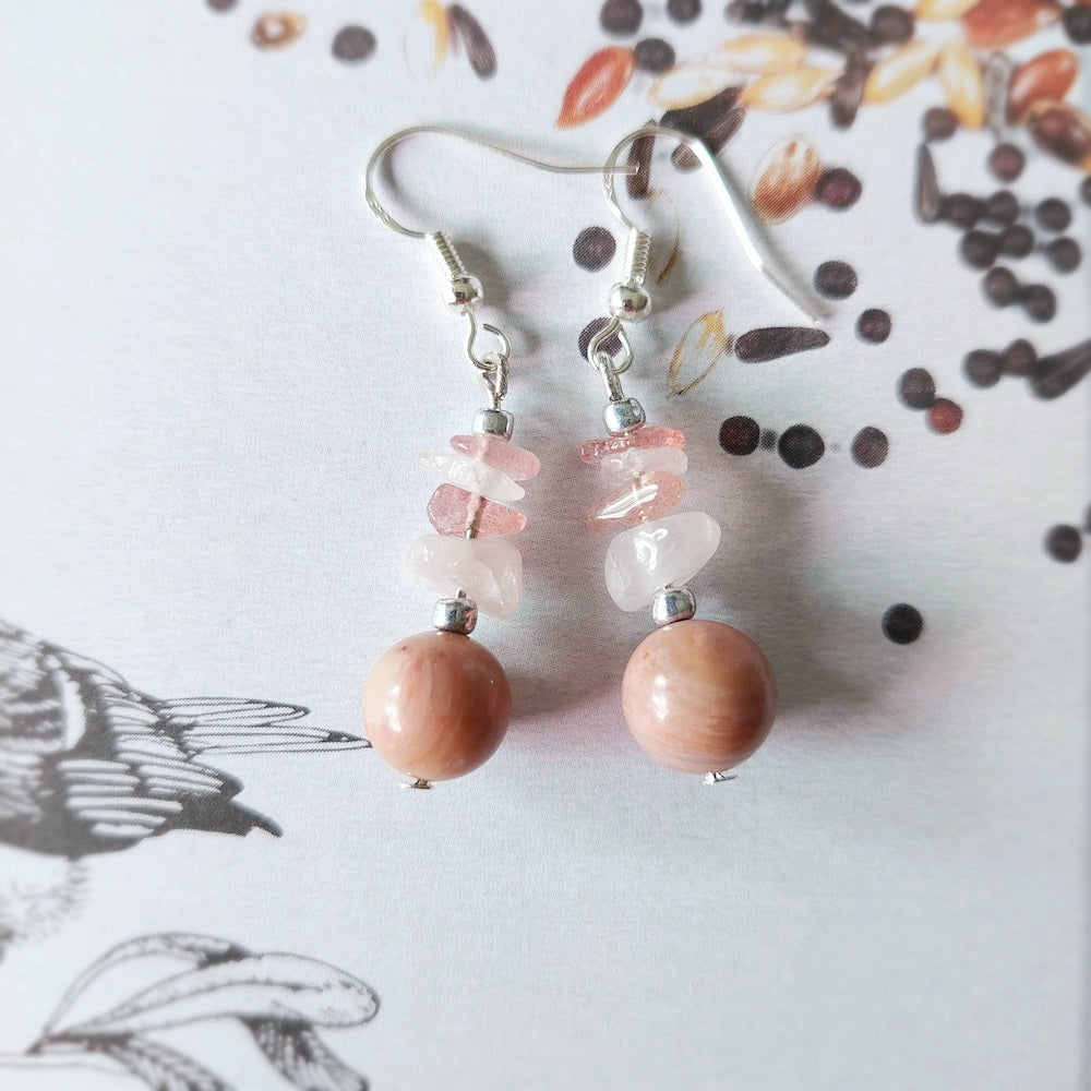 Rhodonite and Rose Quartz Semi-Precious Stone With S925 Silver Ear Hooks Drop Earrings Handmade