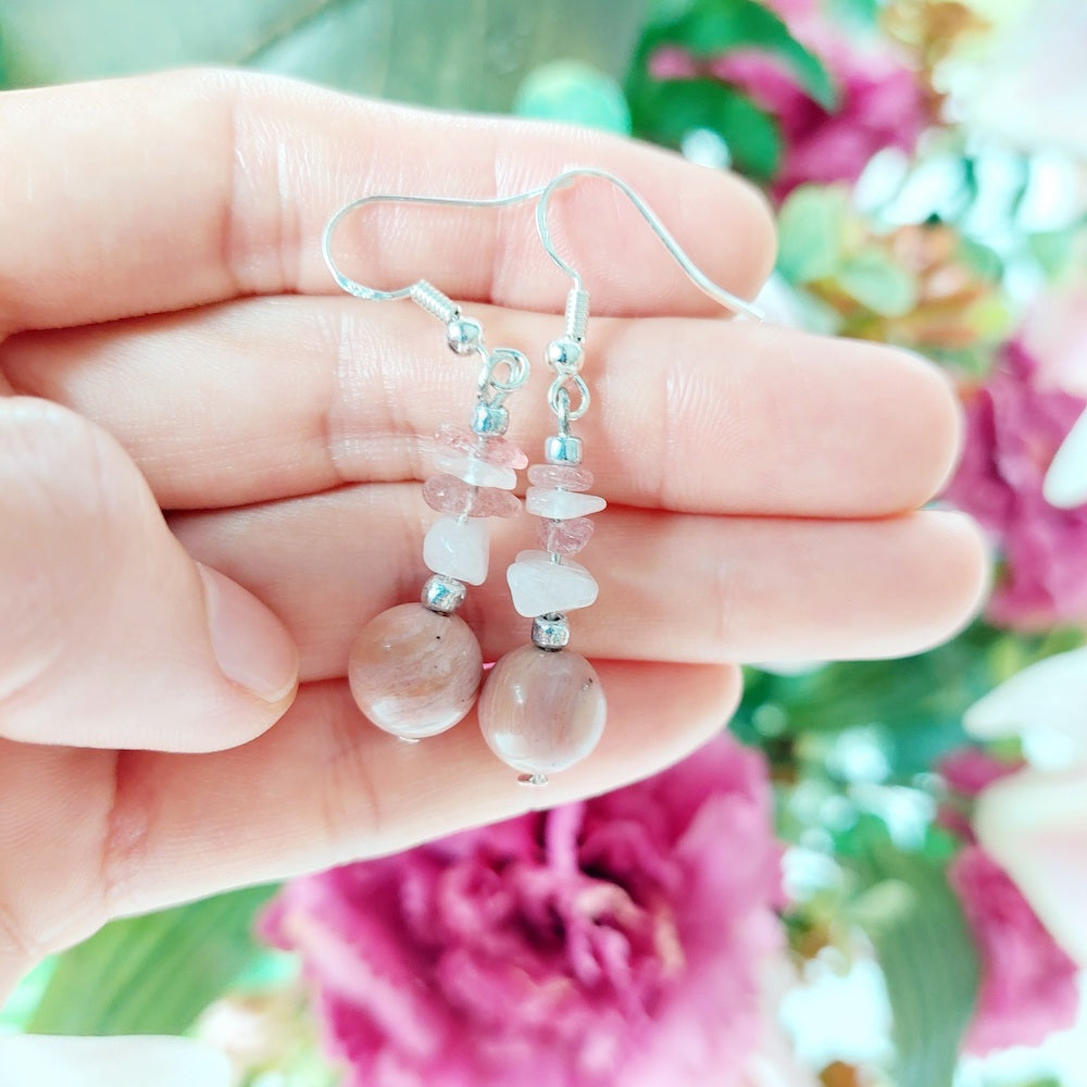 Rhodonite and Rose Quartz Semi-Precious Stone With S925 Silver Ear Hooks Drop Earrings Handmade