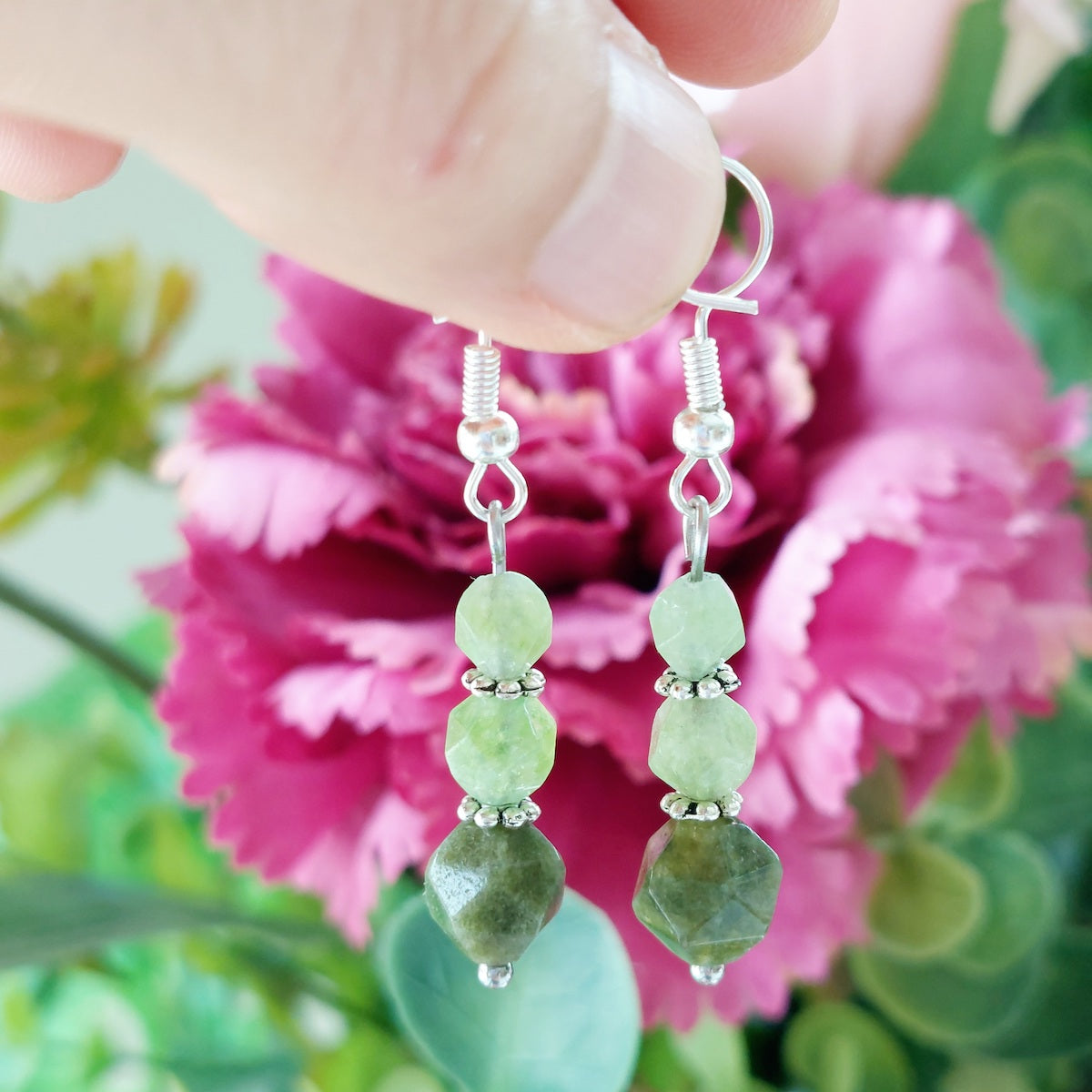 Peridot and Tourmaline Faceted Semi Precious Stone Drop Earrings Handmade