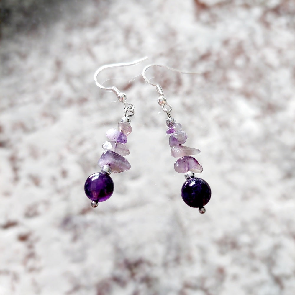 Amethyst Semi Precious Stone with S925 Silver Ear Hooks Drop Earrings Handmade