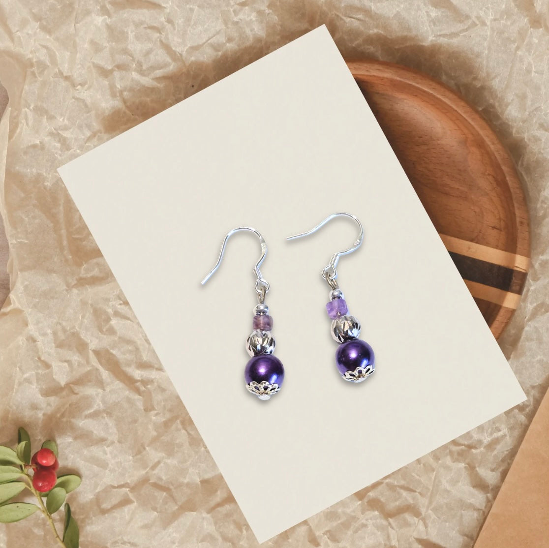 Purple Glass Beads and Decorative Silver Beads - Drop Earrings
