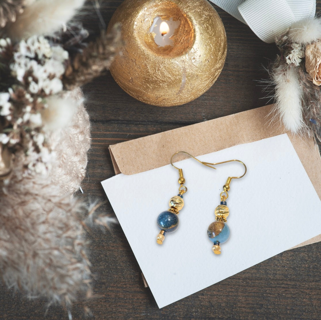 Cloisonne Jasper with 18K Gold Plated Silver Bead Drop Earrings