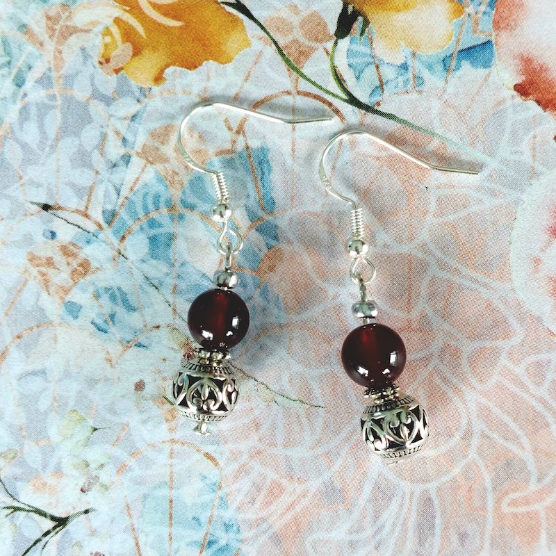 Garnet Semi Precious Stone with Silver Charm Drop Earrings Handmade
