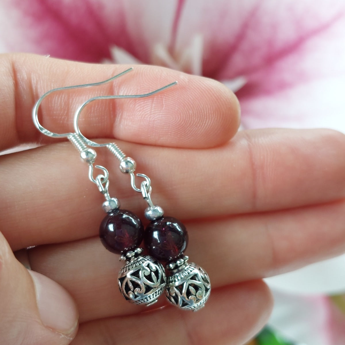 Garnet Semi Precious Stone with Silver Charm Drop Earrings Handmade