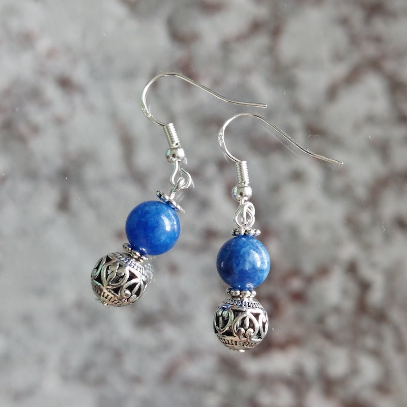 Kyanite Semi Precious Stone with Silver Charm, 925 Sterling Silver Ear Hooks Drop Earrings Handmade