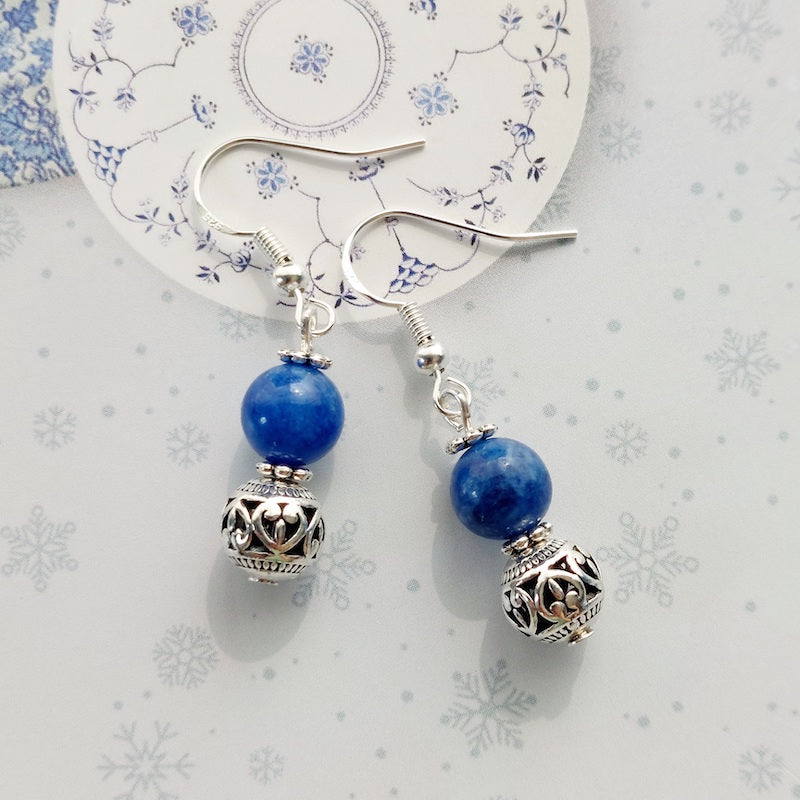 Kyanite Semi Precious Stone with Silver Charm, 925 Sterling Silver Ear Hooks Drop Earrings Handmade