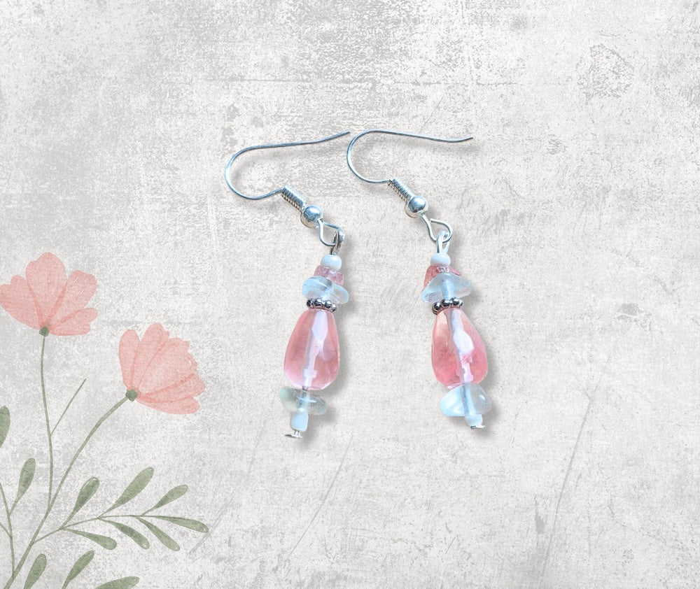 Pink Quartz Faced Teardrop Natural Gemstone Drop Earrings, Handmade Drop Earrings