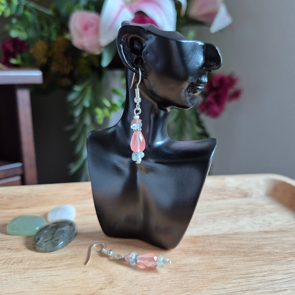 Pink Quartz Faced Teardrop Natural Gemstone Drop Earrings, Handmade Drop Earrings