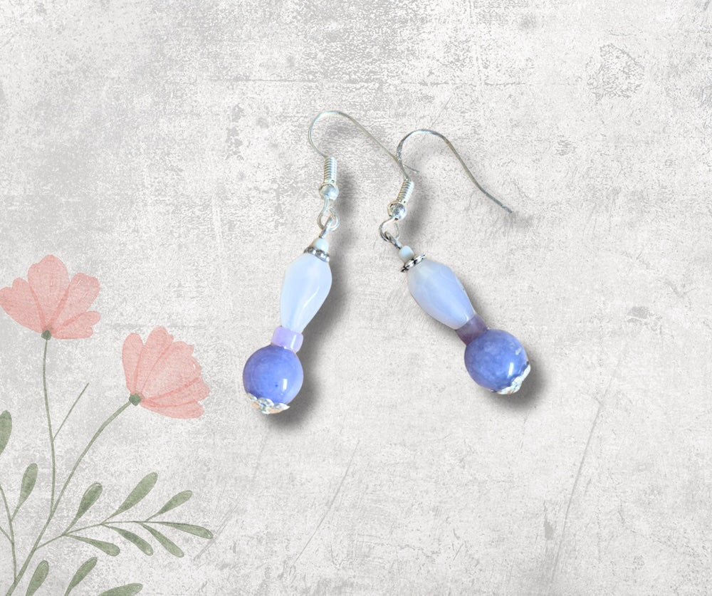 Purple Chalcedony and Agate Natural Gemstone Drop Earrings, Handmade Drop Earrings