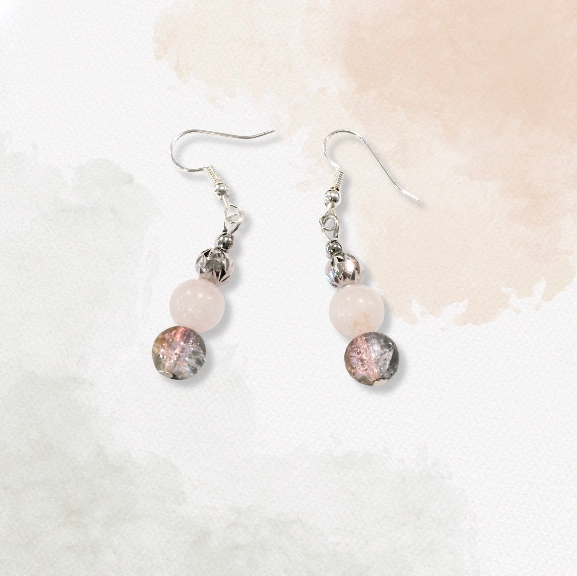 Rose Quartz with Crystal Glass and Silver Charm Earrings, Handmade Drop Earrings