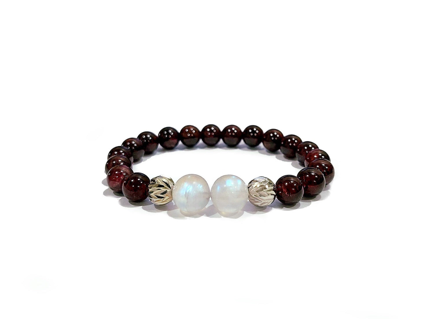 Garnet and Moonstone Bracelet with Decorative S925 Silver Charm, Semiprecious Stone Jewelry