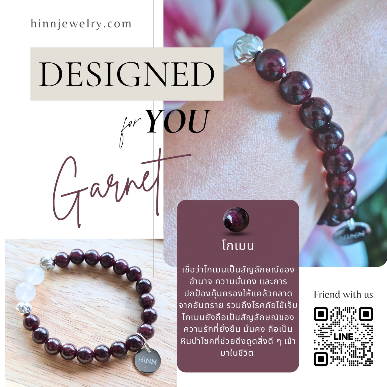 Garnet and Moonstone Bracelet with Decorative S925 Silver Charm, Semiprecious Stone Jewelry