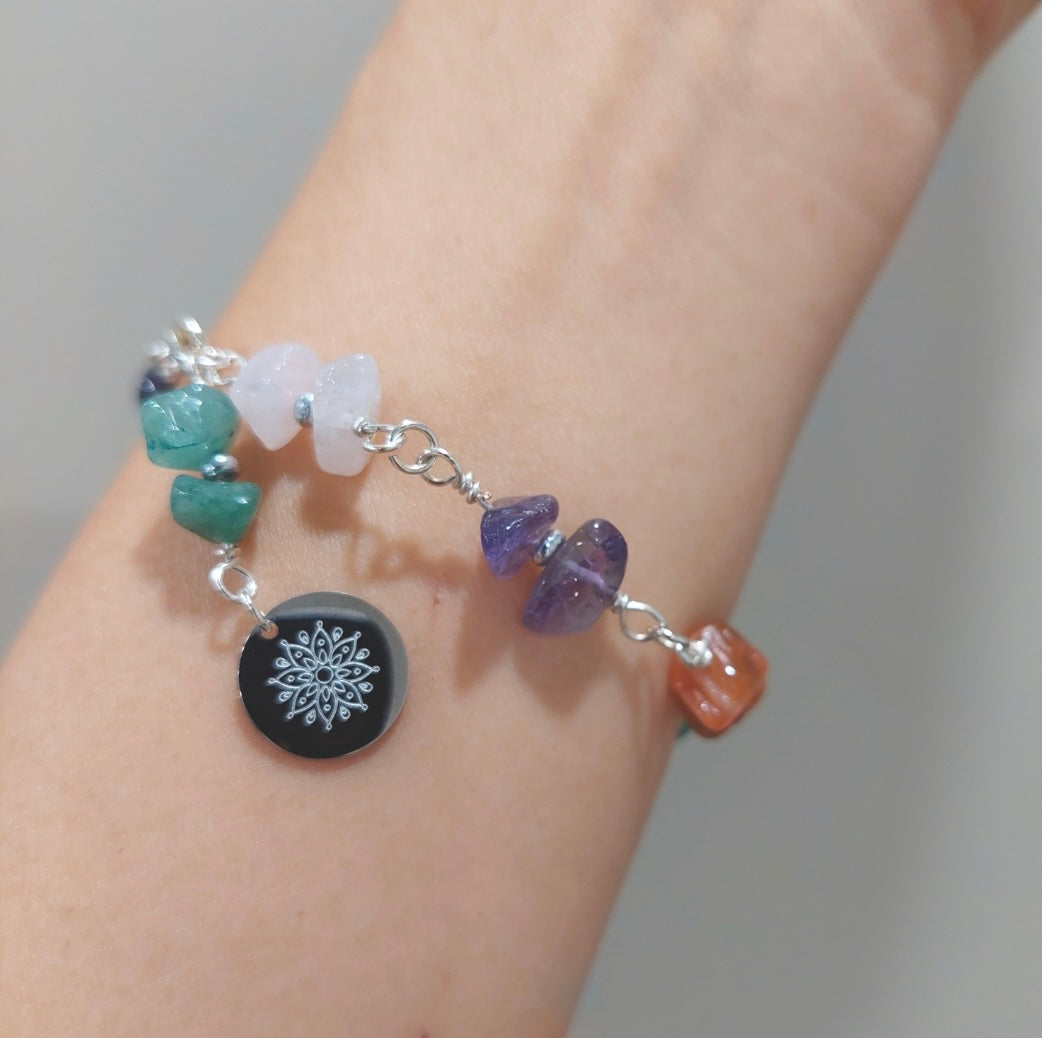 Multi Gemstone Bracelet with Decorative Silver Charm Wire Bracelet with Decorative Silver Charm and Lobster Clasp, Semiprecious Stone Jewelry