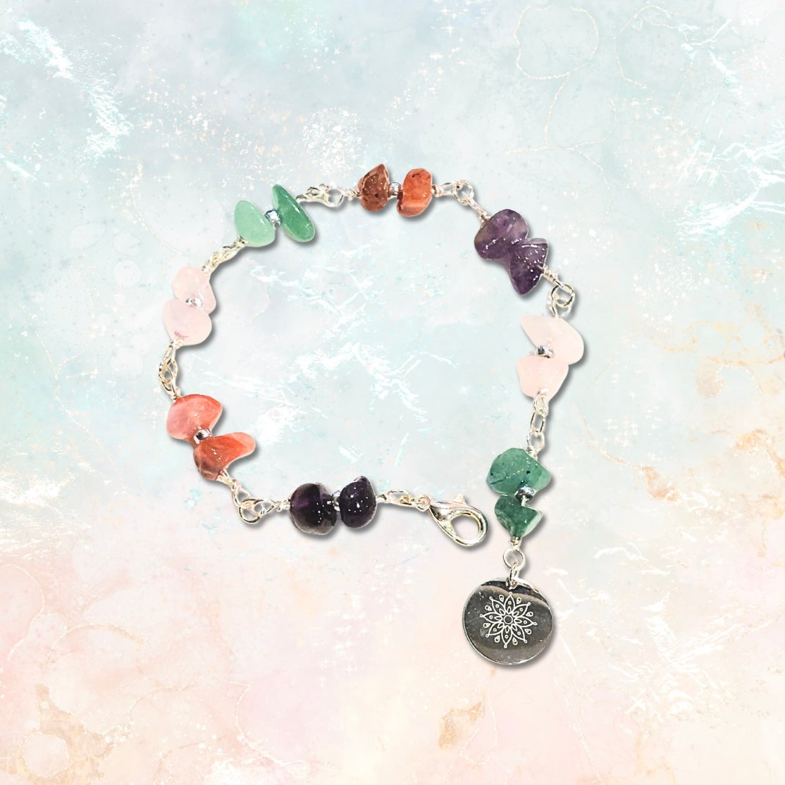 Multi Gemstone Bracelet with Decorative Silver Charm Wire Bracelet with Decorative Silver Charm and Lobster Clasp, Semiprecious Stone Jewelry