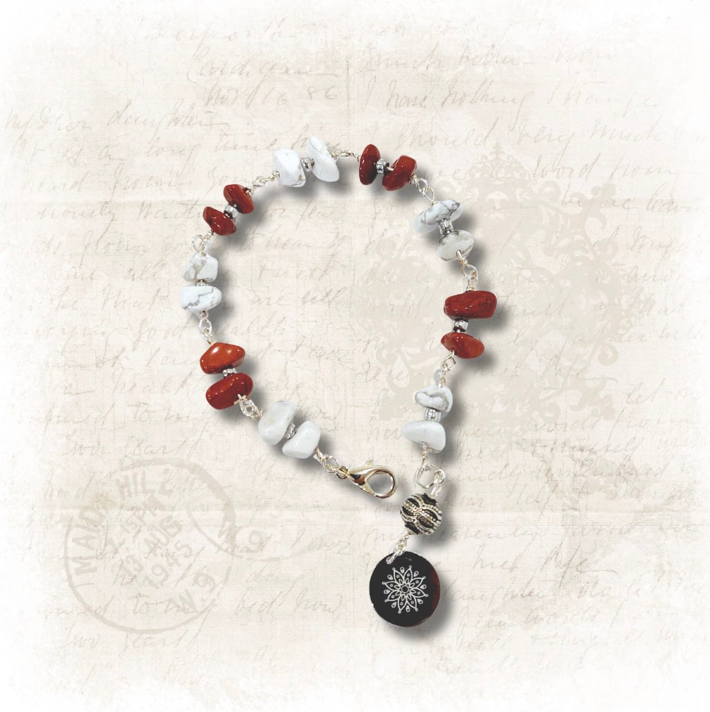 Red Jasper and Howlite Stone Wire Bracelet with Decorative Silver Charm and Lobster Clasp, Semiprecious Stone Jewelry