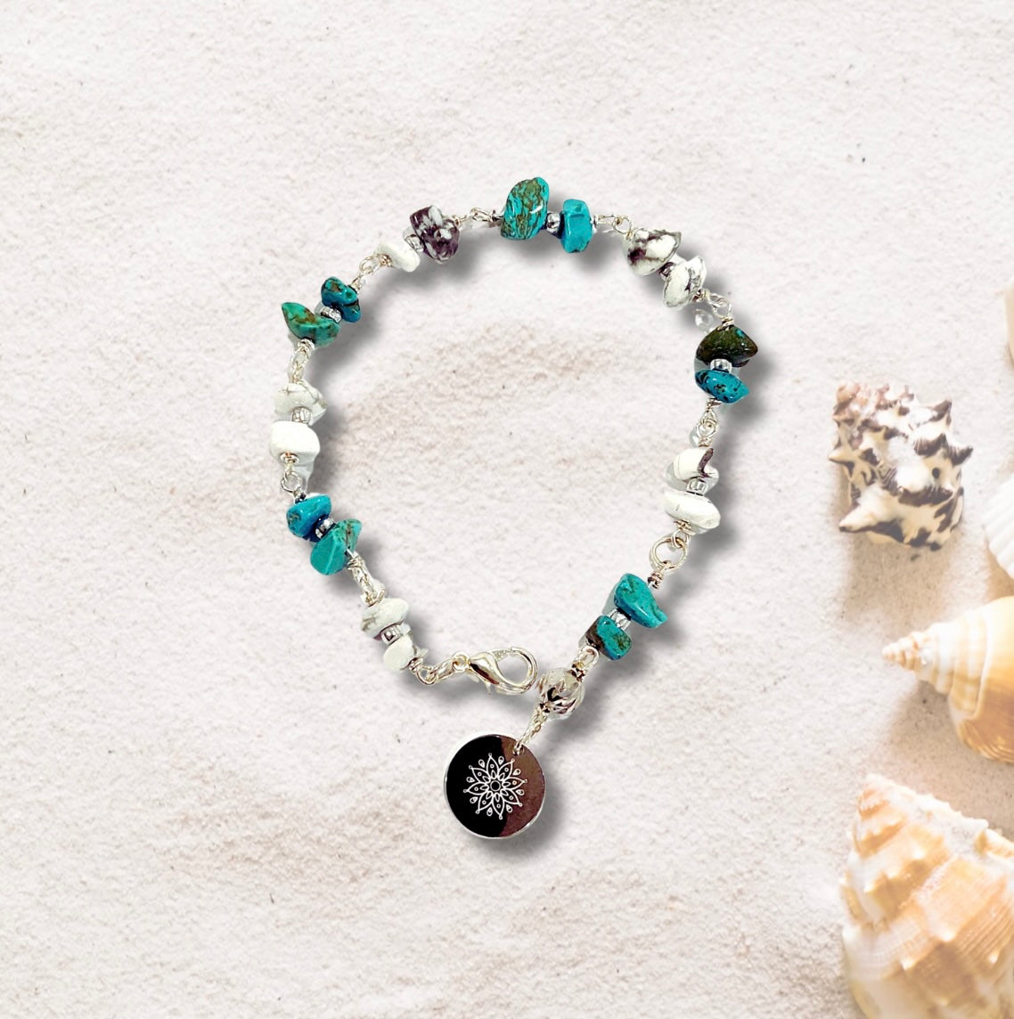 Turquoise and Howlite Stone Wire Bracelet with Decorative Silver Charm and Lobster Clasp, Semiprecious Stone Jewelry
