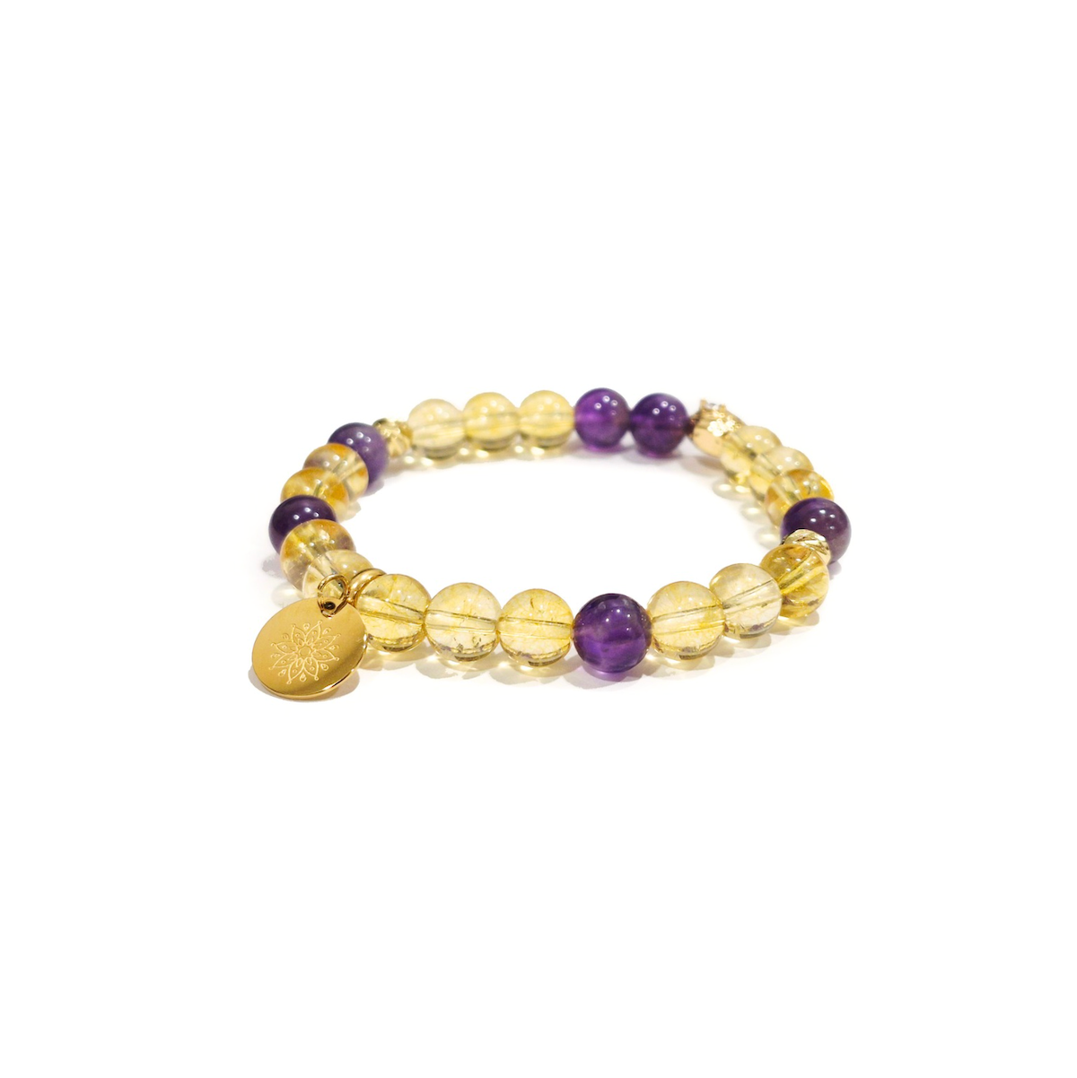 Citrine and Amethyst Bracelet with Decorative 18K Gold Charms, Semiprecious Stone Jewelry