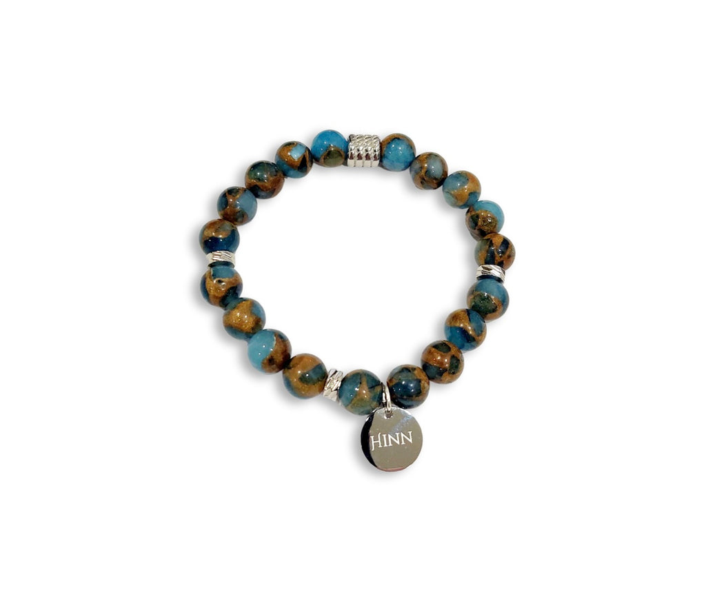 Variscite - Natural Lake Blue Cloisonne Jasper Bracelet with Silver Steel Charm, Semiprecious Stone Jewelry