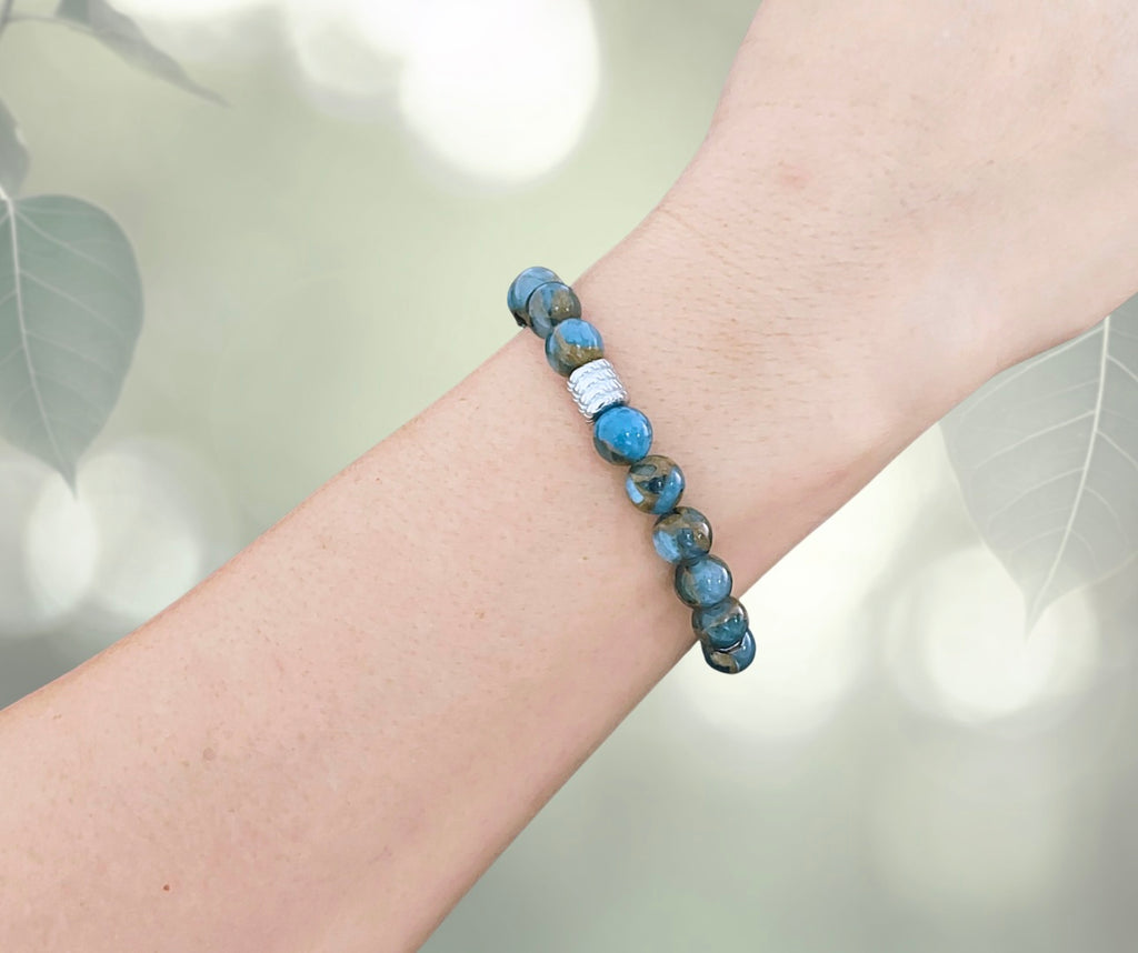 Variscite - Natural Lake Blue Cloisonne Jasper Bracelet with Silver Steel Charm, Semiprecious Stone Jewelry