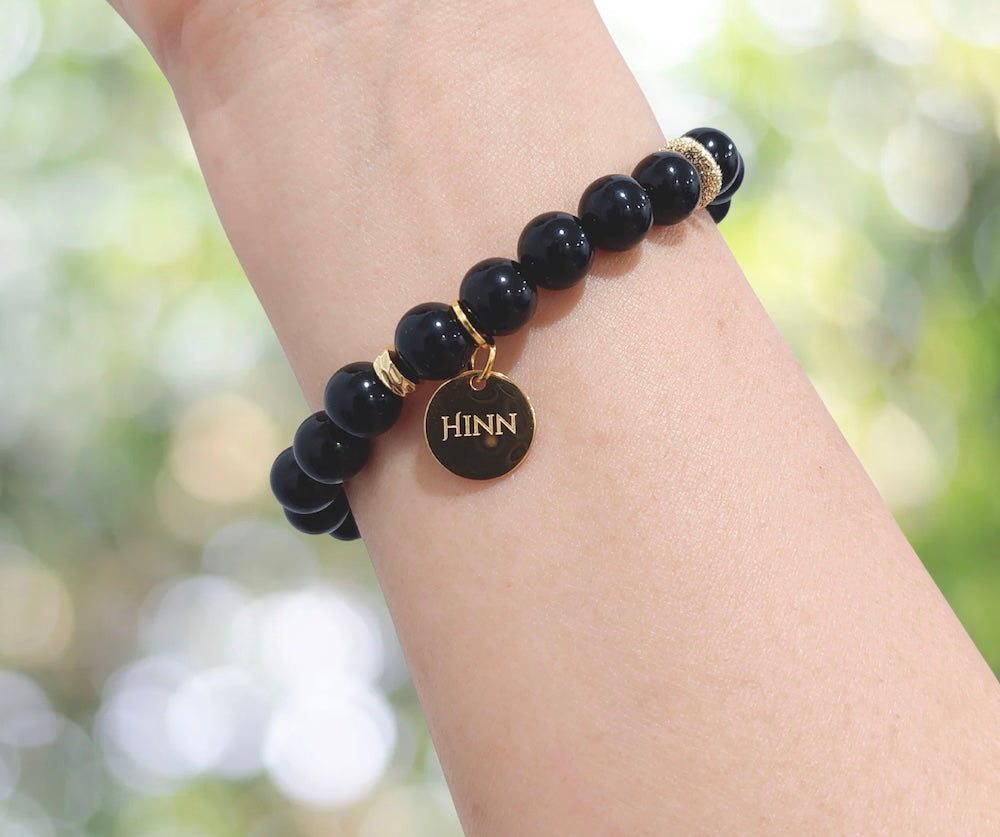Obsidian Bracelet with Decorative 18K Gold Charm, Semiprecious Stone Jewelry