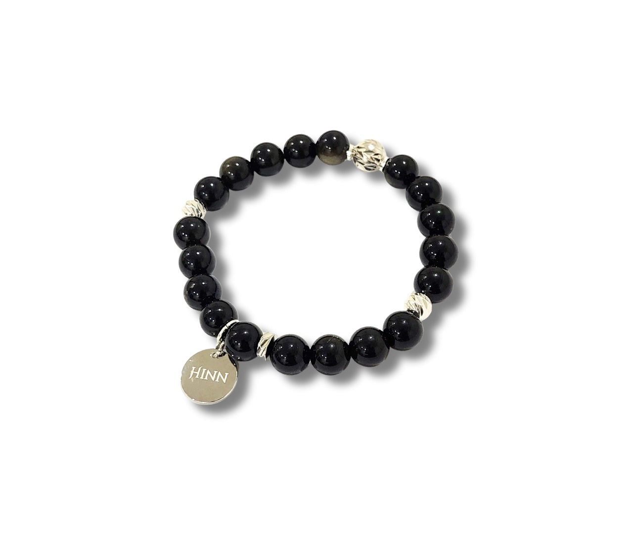Obsidian Bracelet with S925 Silver Charm, Semiprecious Stone Jewelry