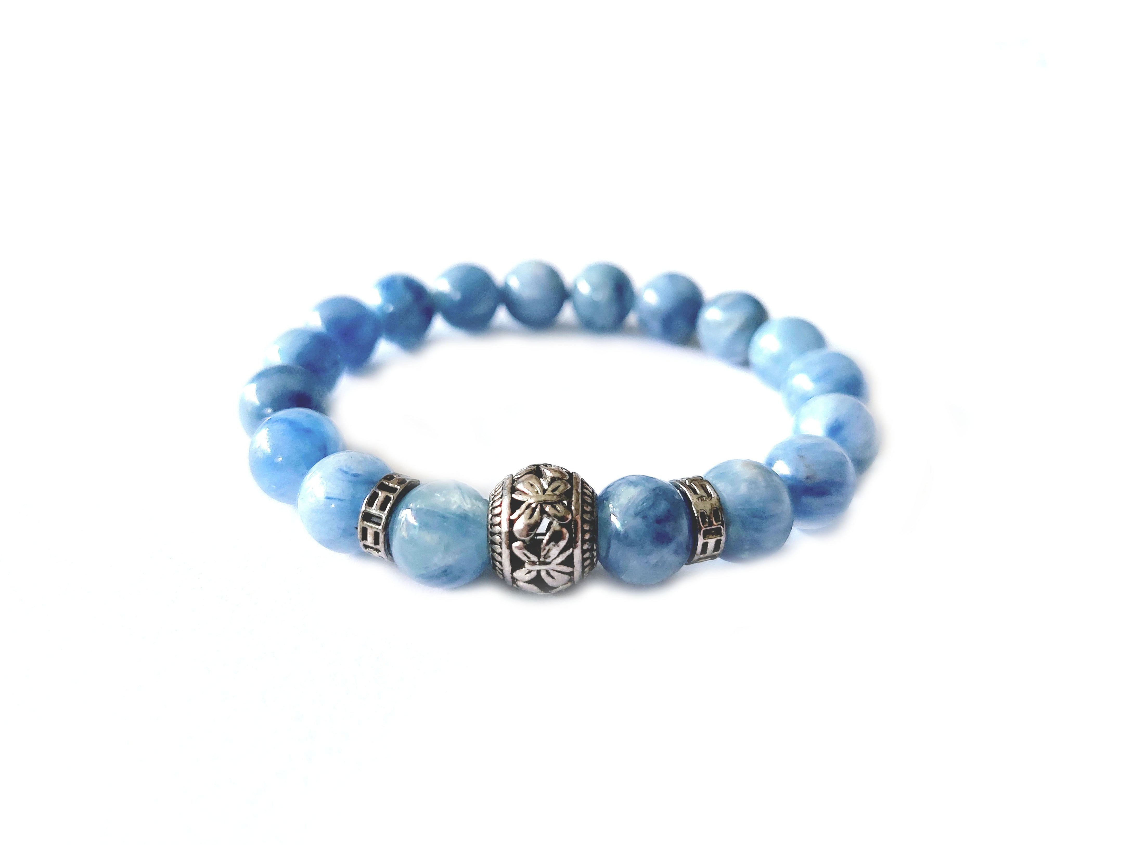 Kyanite Bracelet with Decorative Floral Silver Charm Semiprecious Stone Jewelry