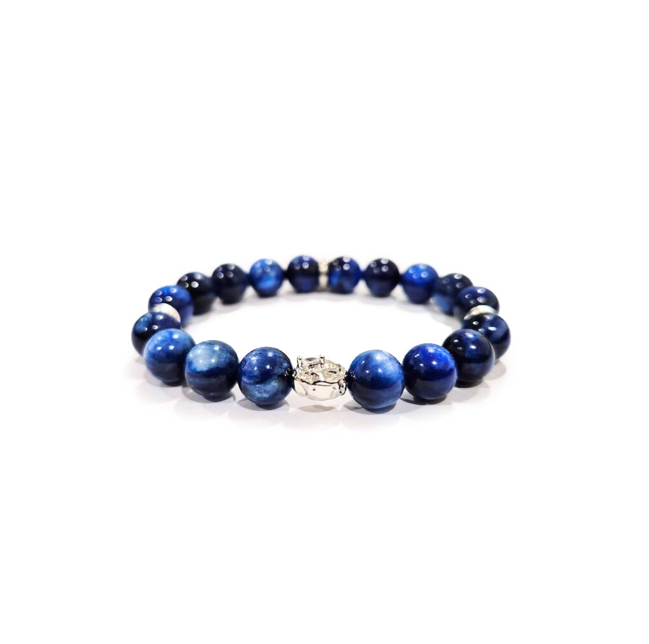 Blue Kyanite Bracelet with Decorative Silver Charms, Semiprecious Stone Jewelry
