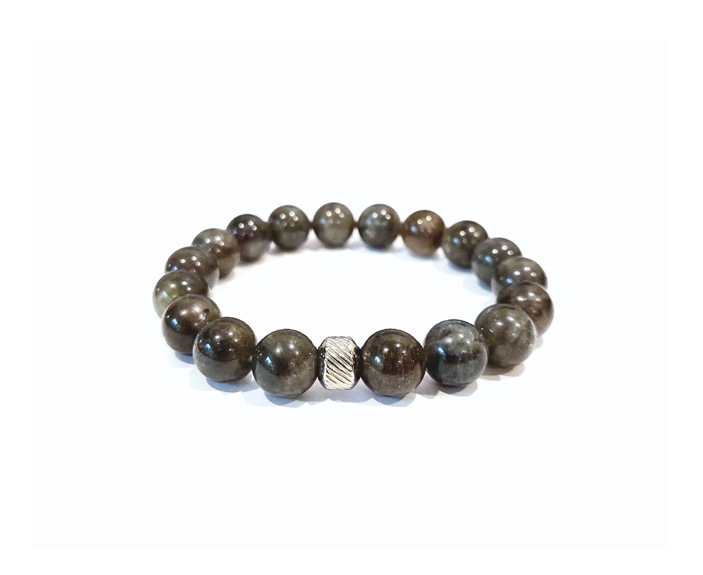 Labradorite Bracelet with Decorative Silver Charm, Semiprecious Stone Jewelry